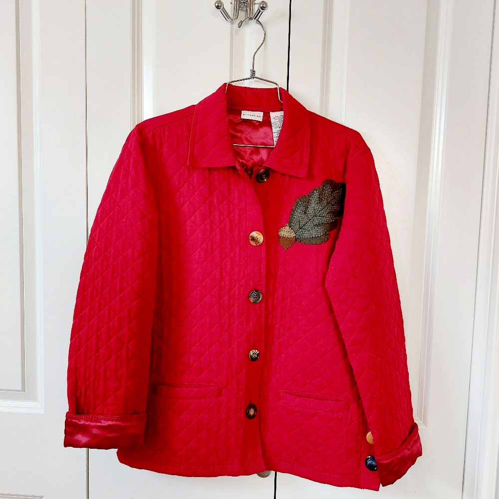 Woodland Angel Red Quilted Jacket Small Leaf & Acorn Fall Motif Christmas Nature